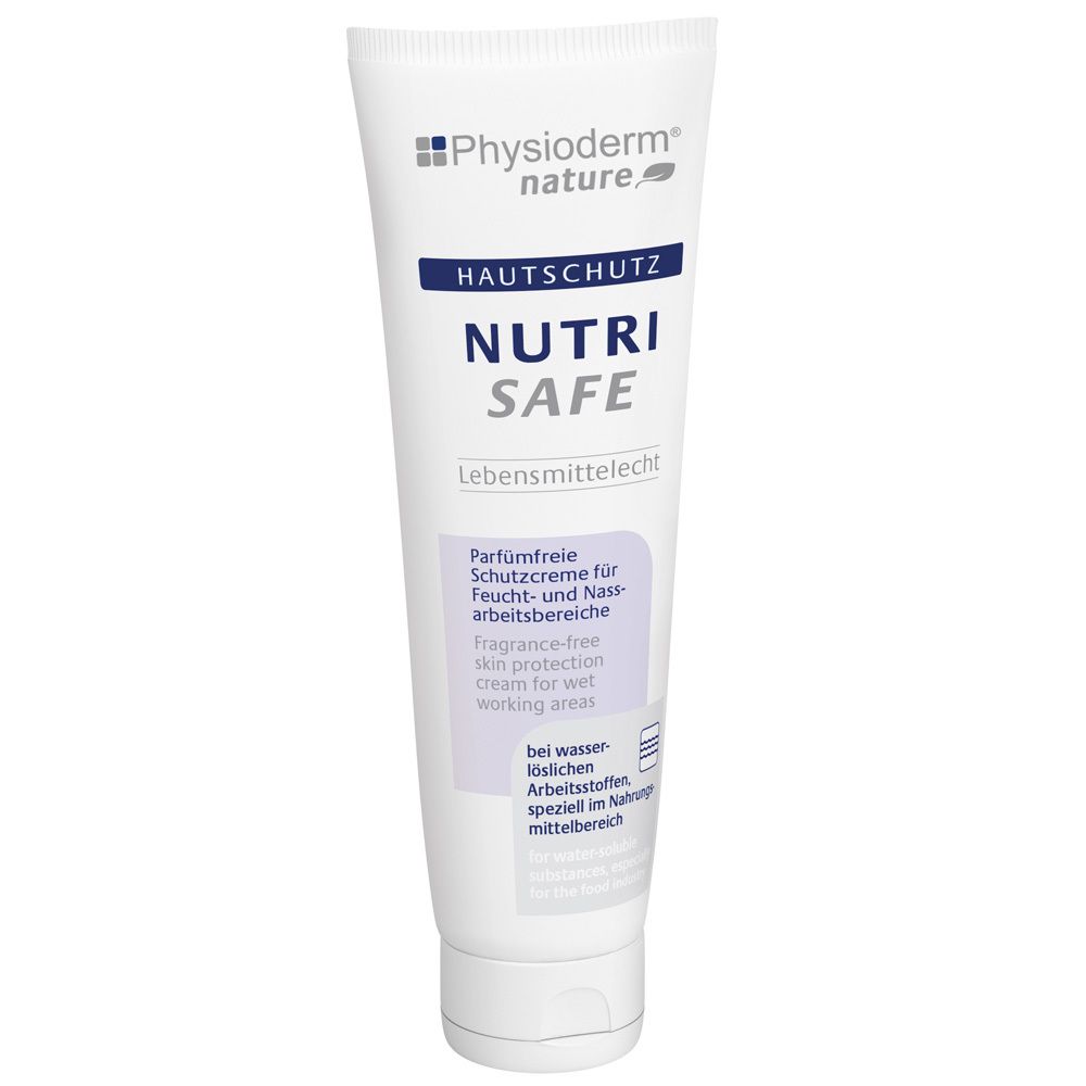 Weiße Tube mit blauem und grauem Aufdruck. Beschriftung: PHYSIODERM NUTRI SAFE, Hautschutz. Text in Deutsch und Englisch.