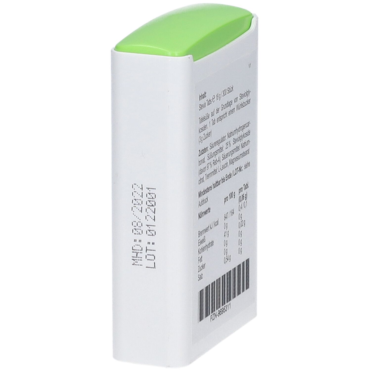 Boîte blanche à couvercle vert. DDM 08/2022. LOT : 0122001. Dos avec informations et valeurs nutritionnelles.