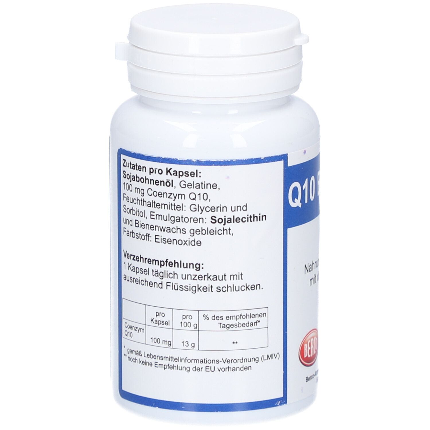 Rückseite der weißen Flasche. Zutatenliste: Sojabohnenöl, Gelatine, 100 mg Coenzym Q10. Verzehrempfehlung: 1 Kapsel täglich.