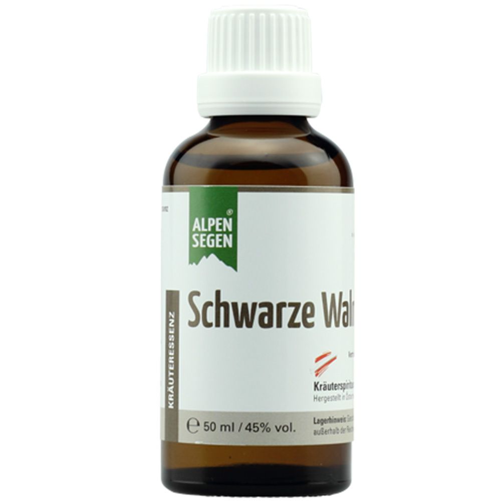 Braune Glasflasche mit weißem Deckel. Auf dem Etikett steht "Schwarze Walnuss" und "Alpen Segen". Volumen: 50 ml.