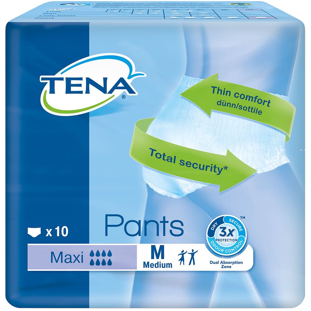 Paquet de TENA Pants Maxi M. Contient 10 Pants. Le paquet affiche les caractéristiques du produit et la marque TENA.