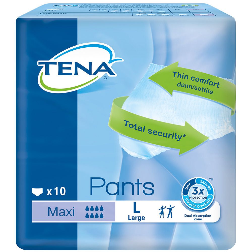 Paquet de TENA Pants Maxi L. Emballage bleu avec image du produit et informations. Contient 10 unités.