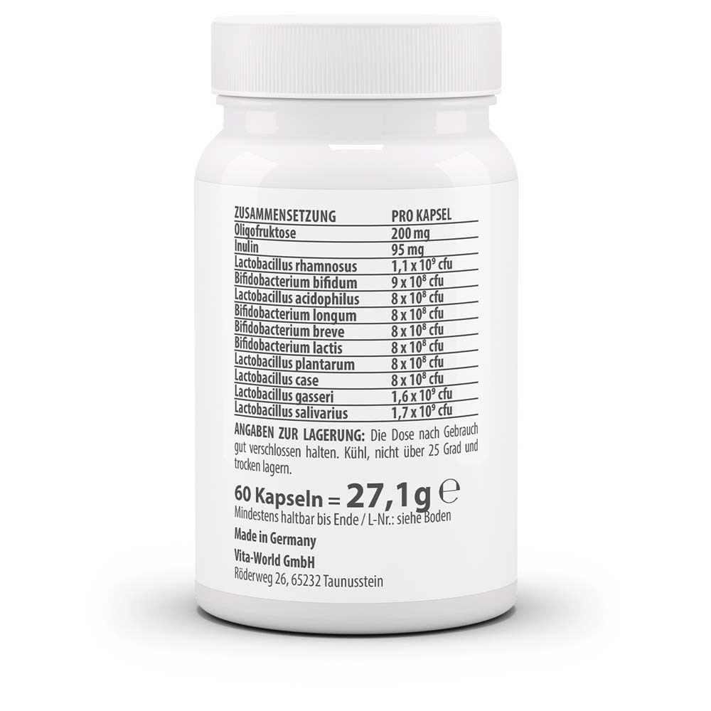 Rückseite der weißen Flasche Omnilact Plus. Auflistung der Inhaltsstoffe pro Kapsel und Herstellerangaben.