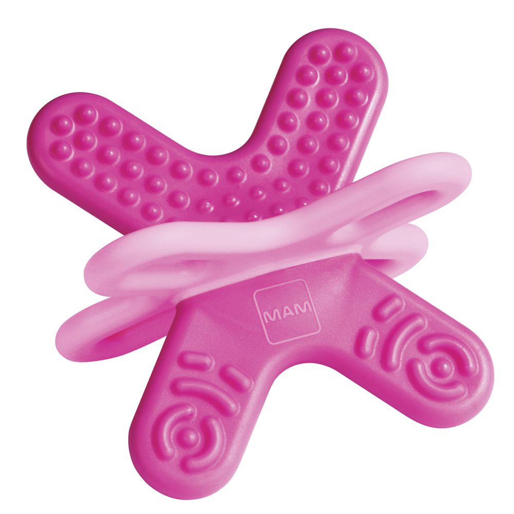 Zahnungshilfe aus rosa Kunststoff mit Noppen und Ringen. MAM Logo sichtbar.