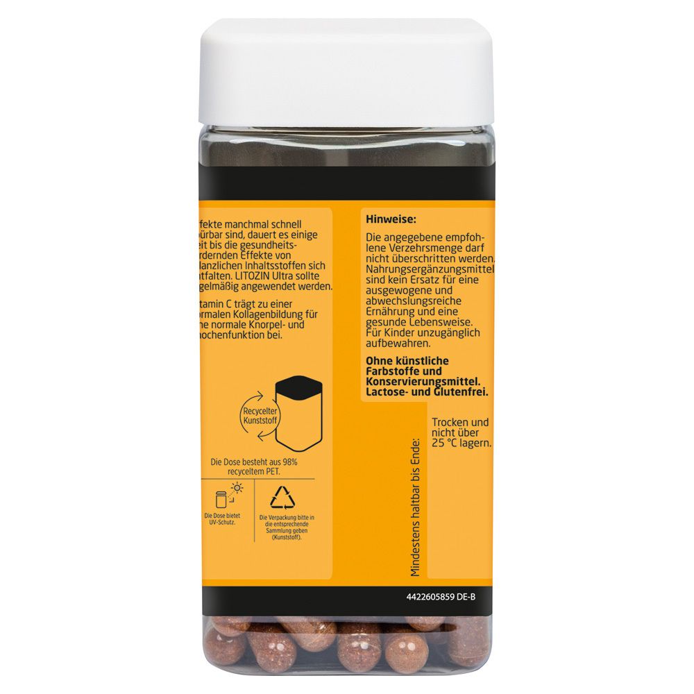 Rückseite der LITOZIN® Ultra Kapseln Dose. Text: Hinweise. Ohne künstliche Farb- und Konservierungsstoffe. 120 Kapseln.