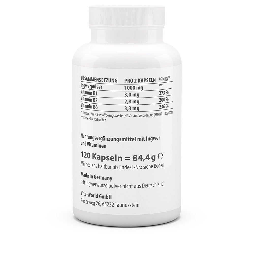 Rückseite der weißen Flasche. Zutatenliste, Nährwertangaben, 120 Kapseln, 84,4g. Hergestellt in Deutschland.