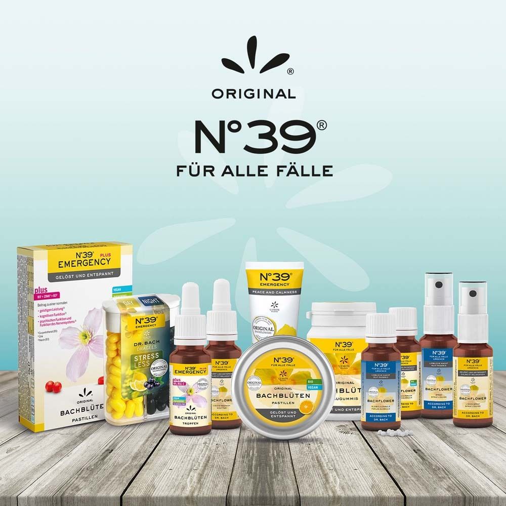 Verschiedene Produkte: Flaschen, Sprays, Cremes. Gelbe Verpackungen mit Text: N°39, Bachblüten, Original. Einige mit Bio-Siegel.