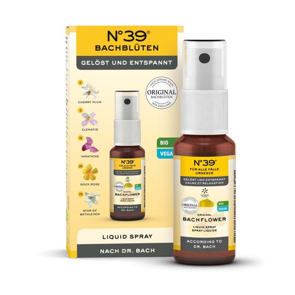 Produit et emballage. Flacon brun avec vaporisateur blanc et boîte jaune. Texte : Bachblüten Liquid Spray.