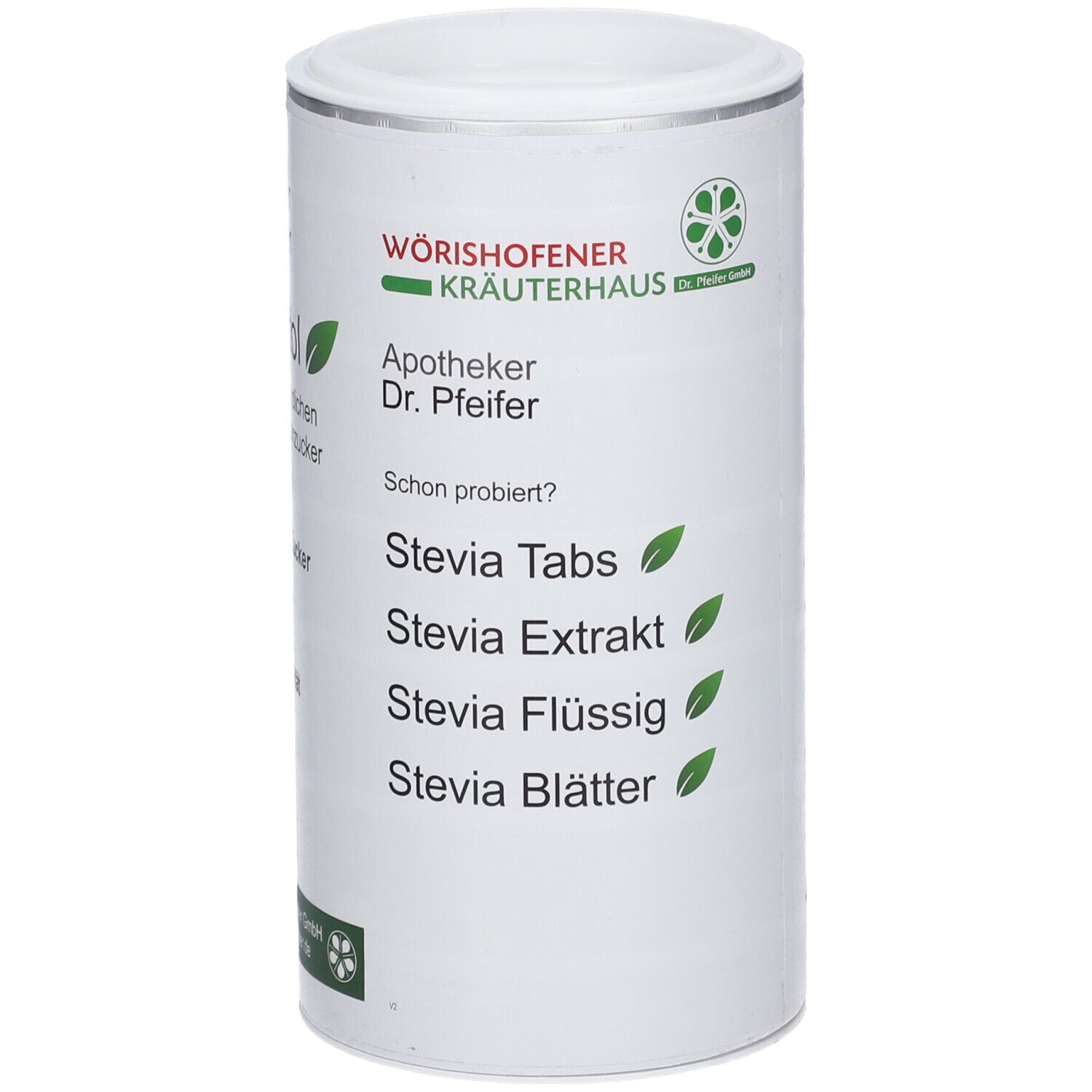 Boîte cylindrique avec couvercle blanc. Inscription : Apotheker Dr. Pfeifer, Stevia Tabs, Extrakt, Flüssig, Blätter. Logo : Wörishofener Kräuterhaus.
