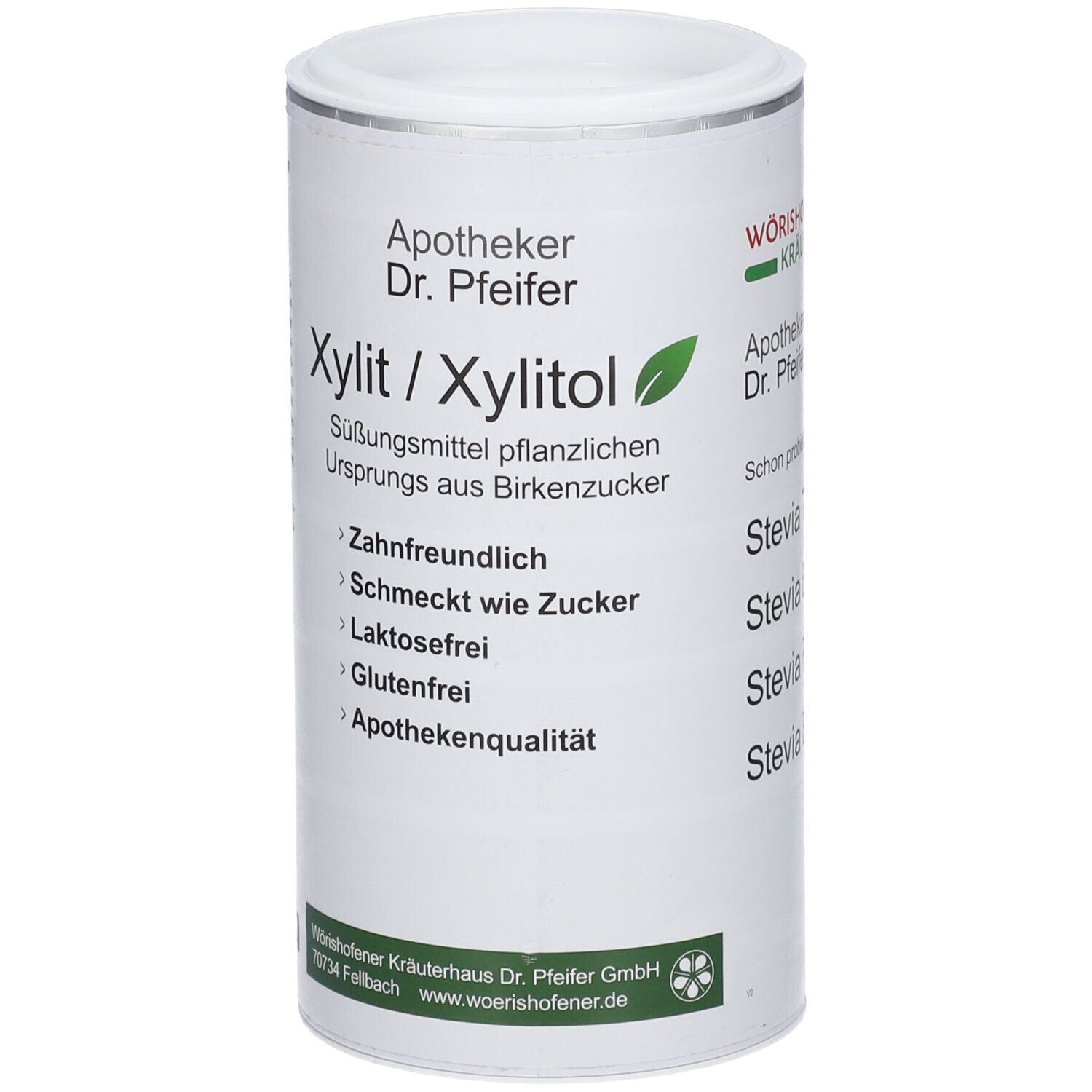 Boîte cylindrique avec couvercle blanc. Inscription : Apotheker Dr. Pfeifer, Xylit / Xylitol, édulcorant. Logo : Wörishofener Kräuterhaus.