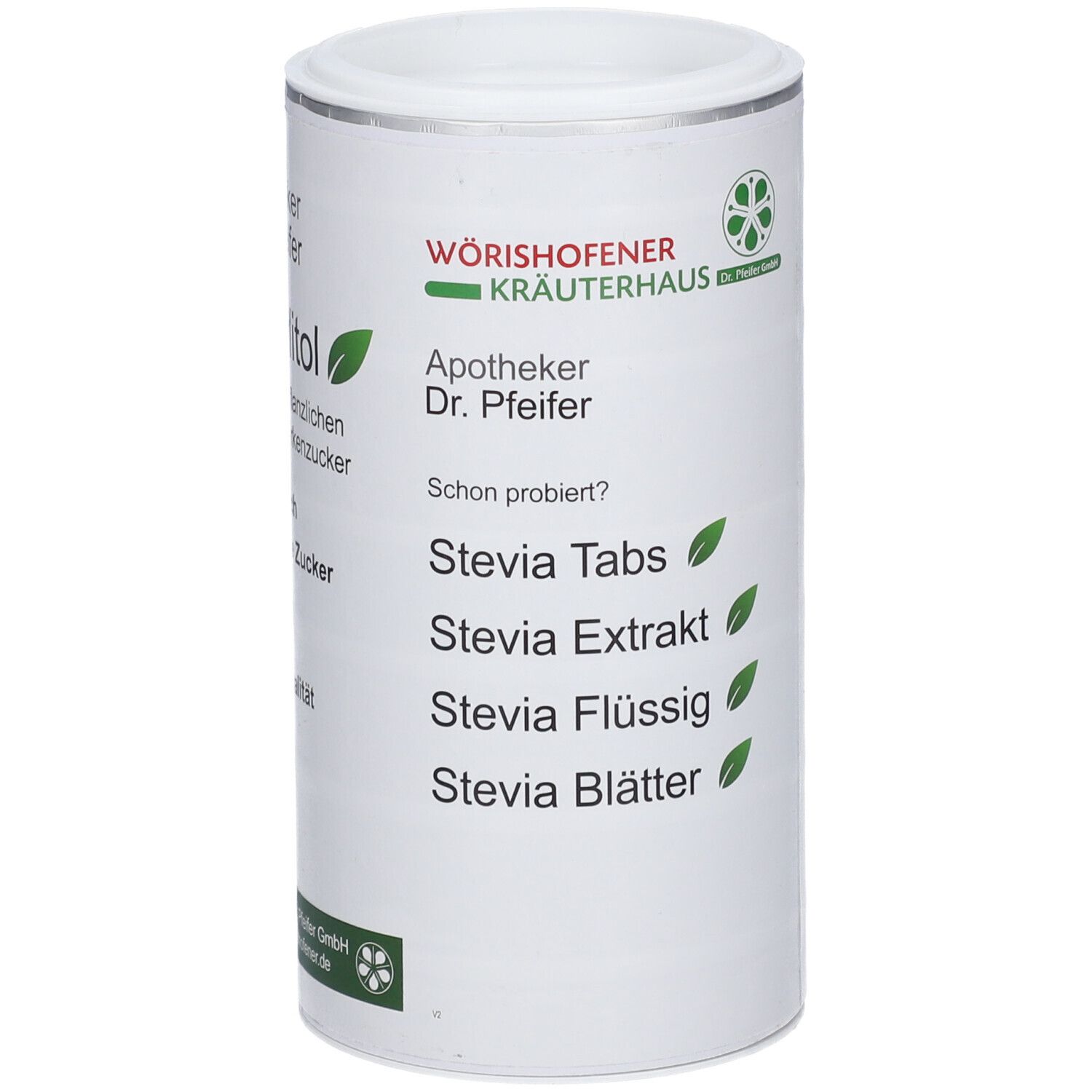 Boîte cylindrique avec couvercle blanc. Inscription : Apotheker Dr. Pfeifer, Stevia Tabs, Extrakt, Flüssig, Blätter. Logo : Wörishofener Kräuterhaus.