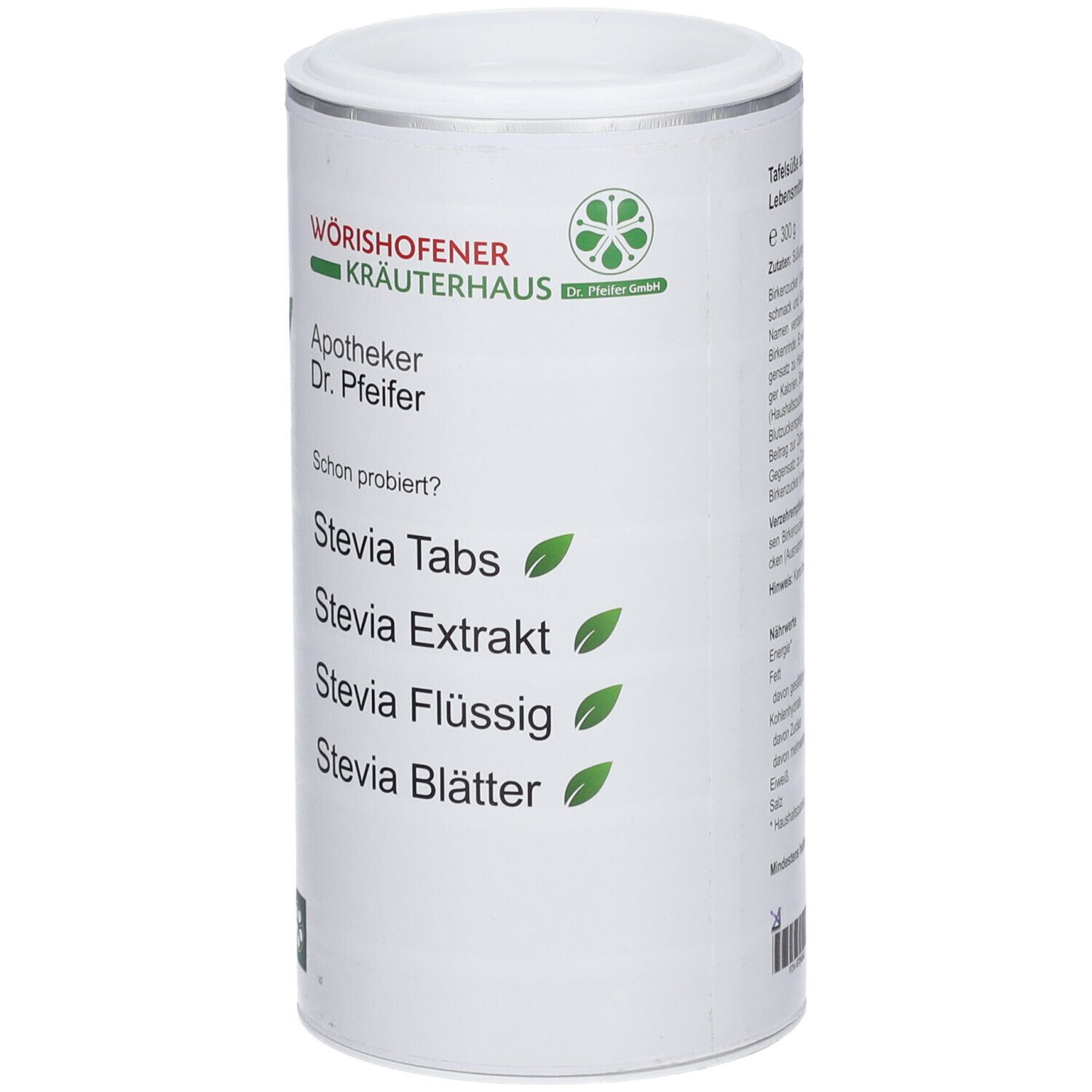 Boîte cylindrique avec couvercle blanc. Texte : Xylitol pour aliments. Informations nutritionnelles. Logo : Wörishofener Kräuterhaus.