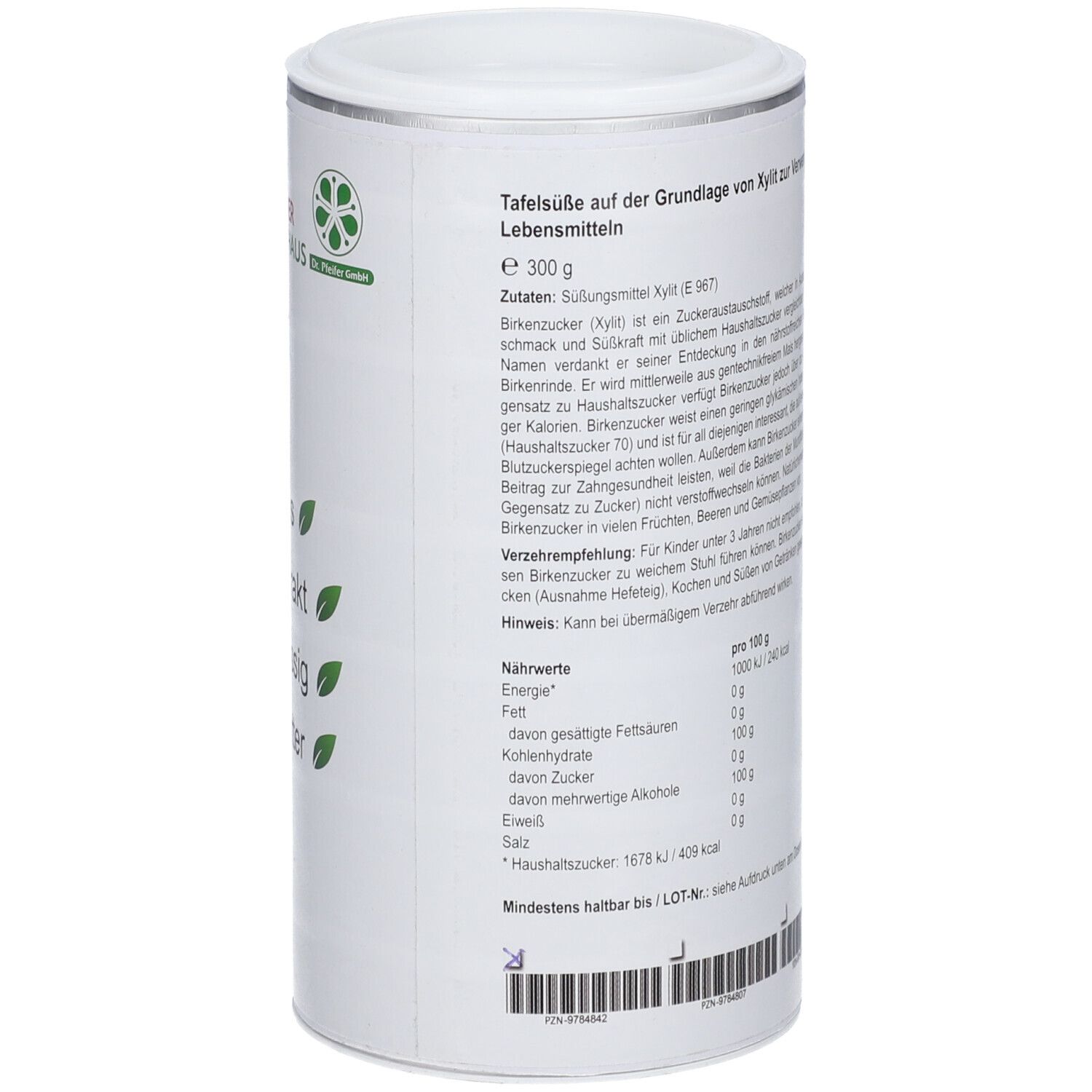 Boîte cylindrique avec couvercle blanc. Texte : Édulcorant de table à base de xylitol. Informations nutritionnelles. Logo : Wörishofener Kräuterhaus.