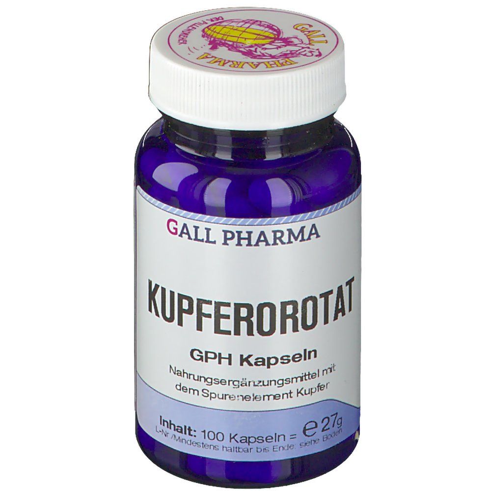 Blaue Flasche mit weißen Kapseln. Aufschrift: Kupferorotat GPH Kapseln. Hersteller: Gall Pharma.