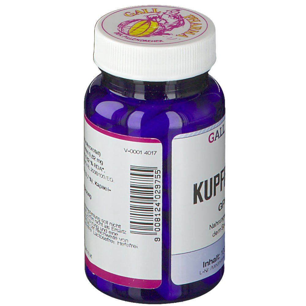 Blaue Flasche mit weißen Kapseln. Rückseite mit Produktinformationen und Barcode.