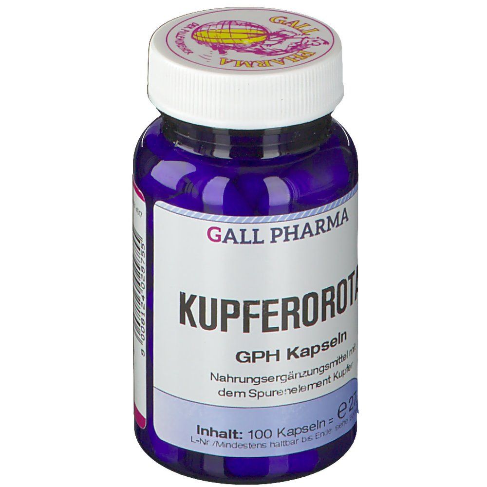 Blaue Flasche mit weißen Kapseln. Aufschrift: Kupferorotat GPH Kapseln. Hersteller: Gall Pharma.