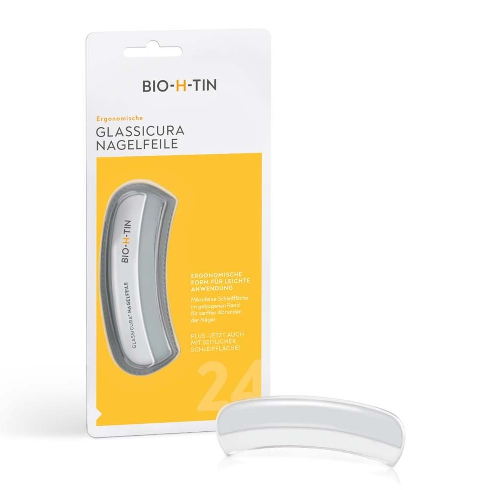 BIO-H-TIN Glassicura Nagelfeile und Verpackung. Ergonomische Form. Graue Feile mit weißem Griff.