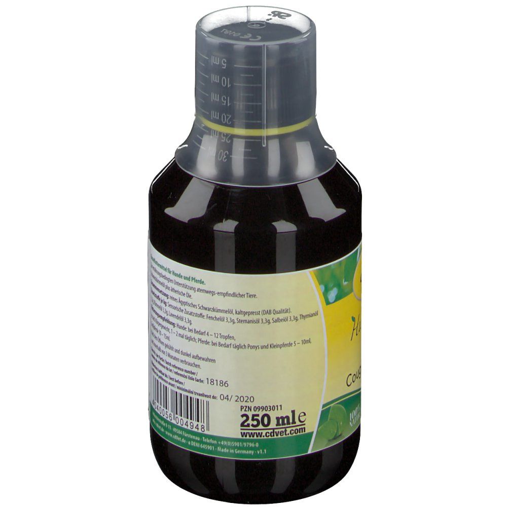 Rückansicht einer Flasche mit brauner Flüssigkeit. Auf dem Etikett sind Informationen über die Inhaltsstoffe und die Fütterung angegeben.