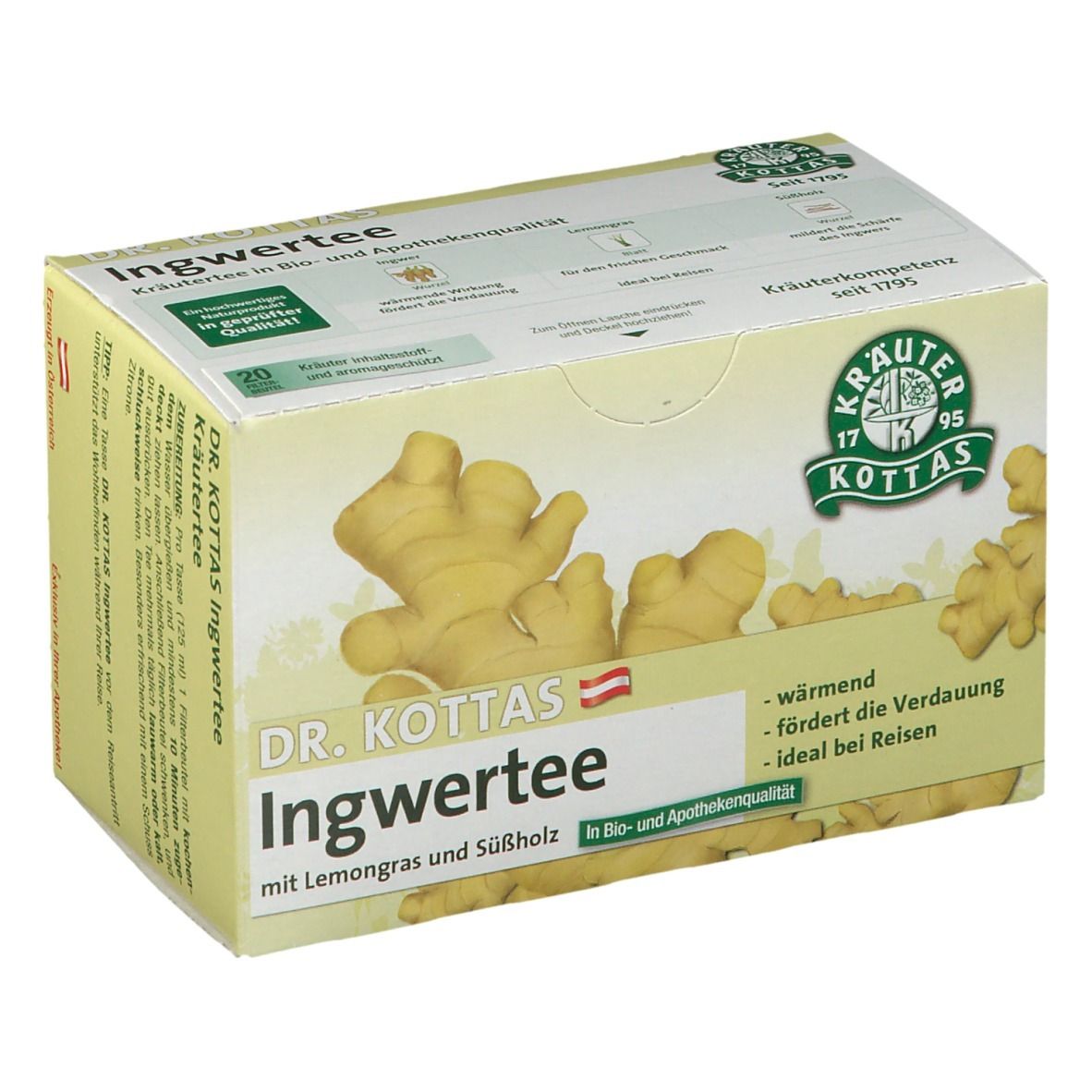 Karton mit Ingwertee. Aufdruck: Ingwertee mit Lemongras und Süßholz, Kräutertee, 20 Beutel. Logo: Kräuterkompetenz seit 1795.