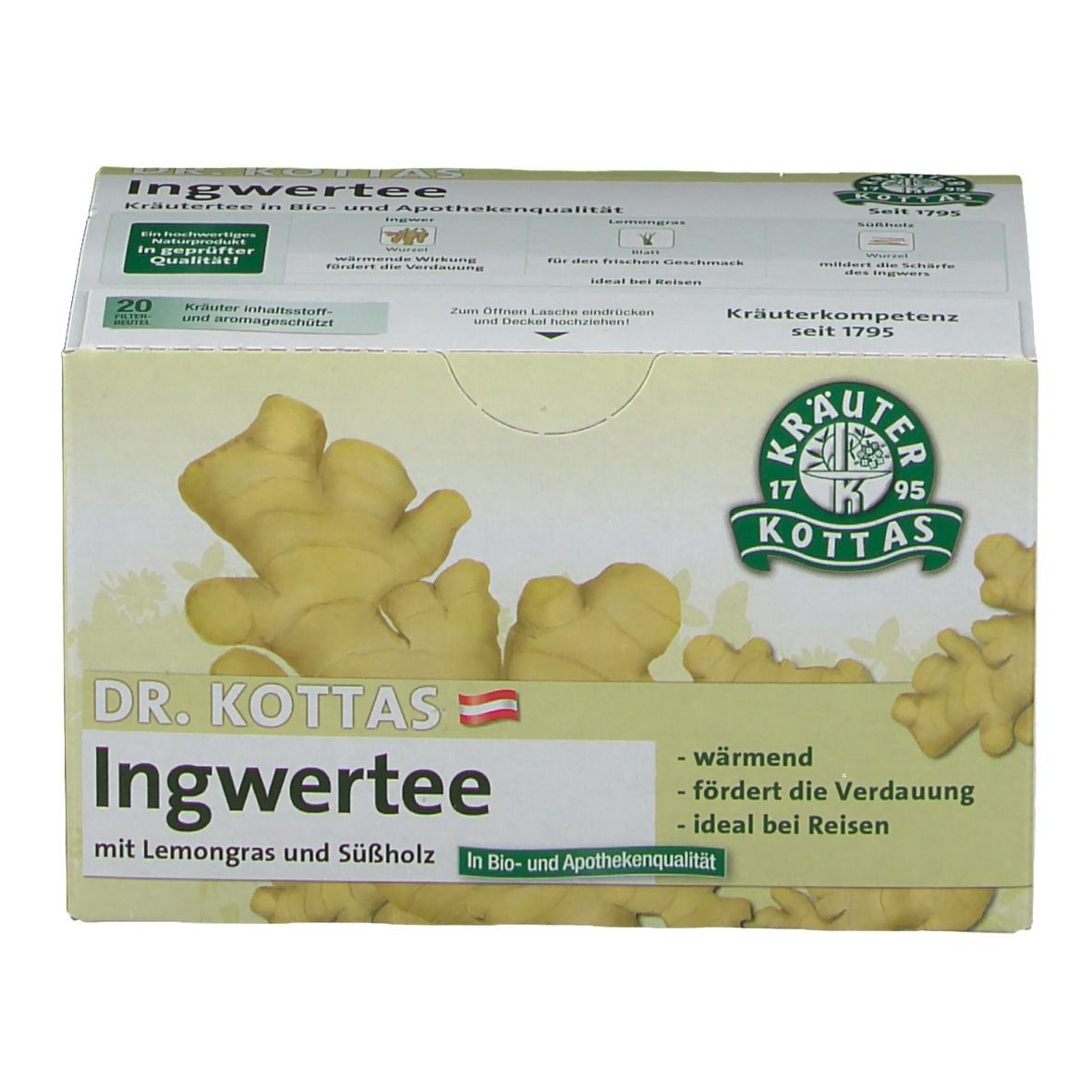 Teebox. Aufdruck: Ingwertee mit Lemongras und Süßholz, 20 Beutel. Logo: Kräuterkompetenz seit 1795. Text: Bio- und Apothekenqualität.