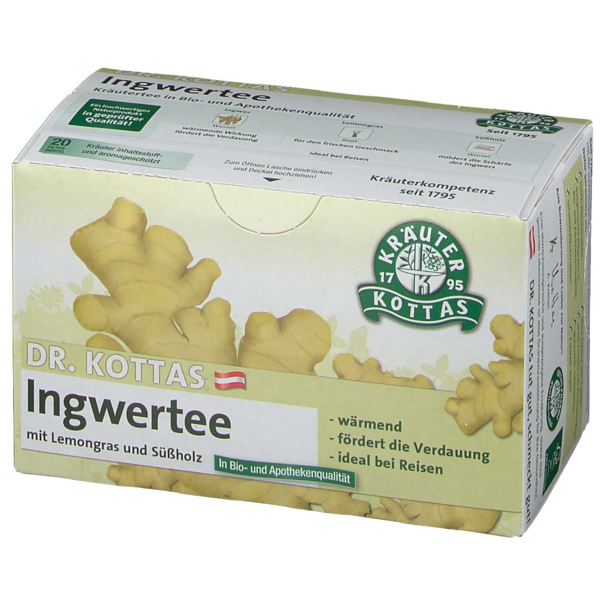 Teebox. Aufdruck: Ingwertee mit Lemongras und Süßholz, 20 Beutel. Logo: Kräuterkompetenz seit 1795. Text: Bio- und Apothekenqualität.