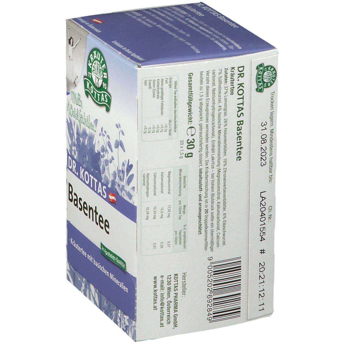 DR. KOTTAS Basentee Kräutertee mit basischen Mineralien, Seitenansicht mit Nährwertangaben.