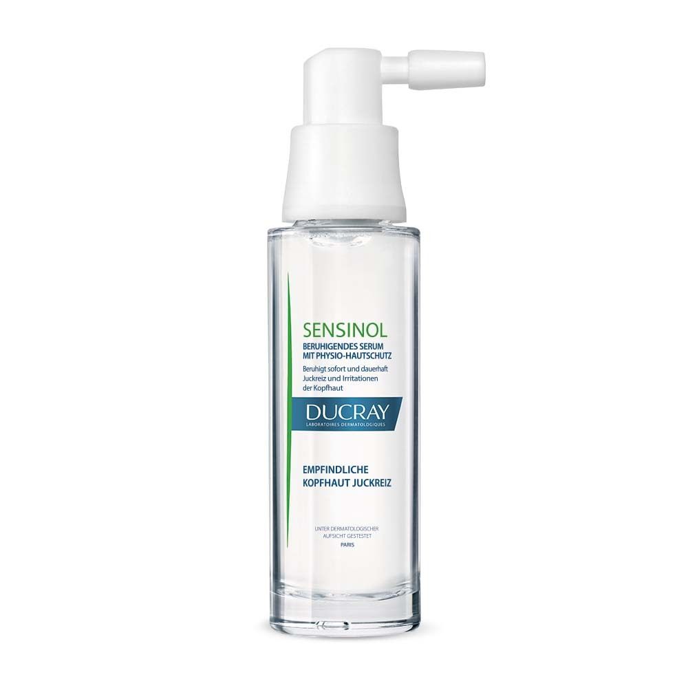 Sérum clair avec applicateur. Inscriptions: SENSINOL, DUCRAY. Pour cuirs chevelus sensibles.