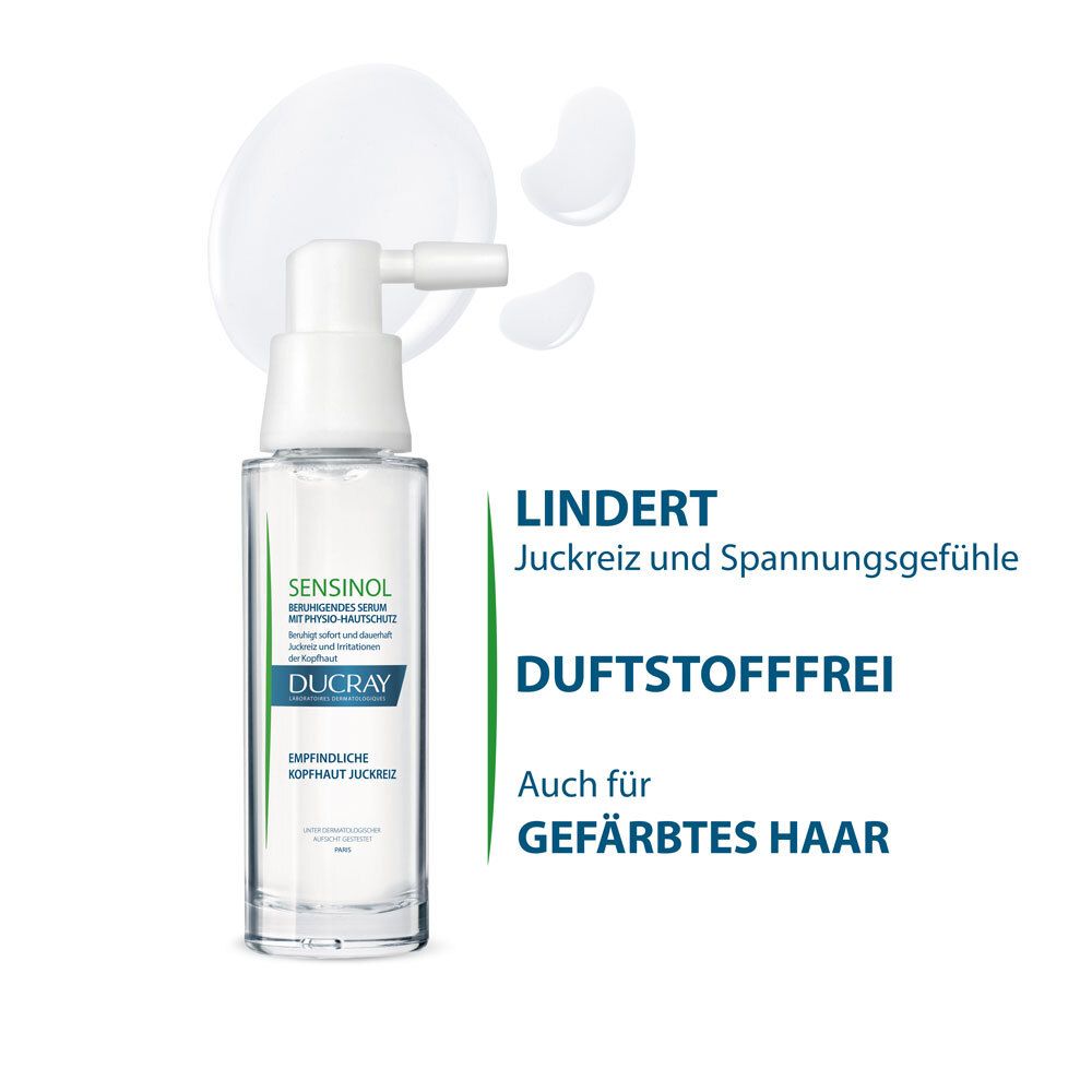 Flacon de sérum avec applicateur et gouttes. Texte: Soulage les démangeaisons, sans parfum, pour cheveux colorés.