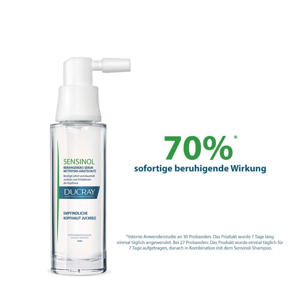 Flacon de sérum avec applicateur. Texte: 70% d'effet apaisant immédiat. En petits caractères: étude.