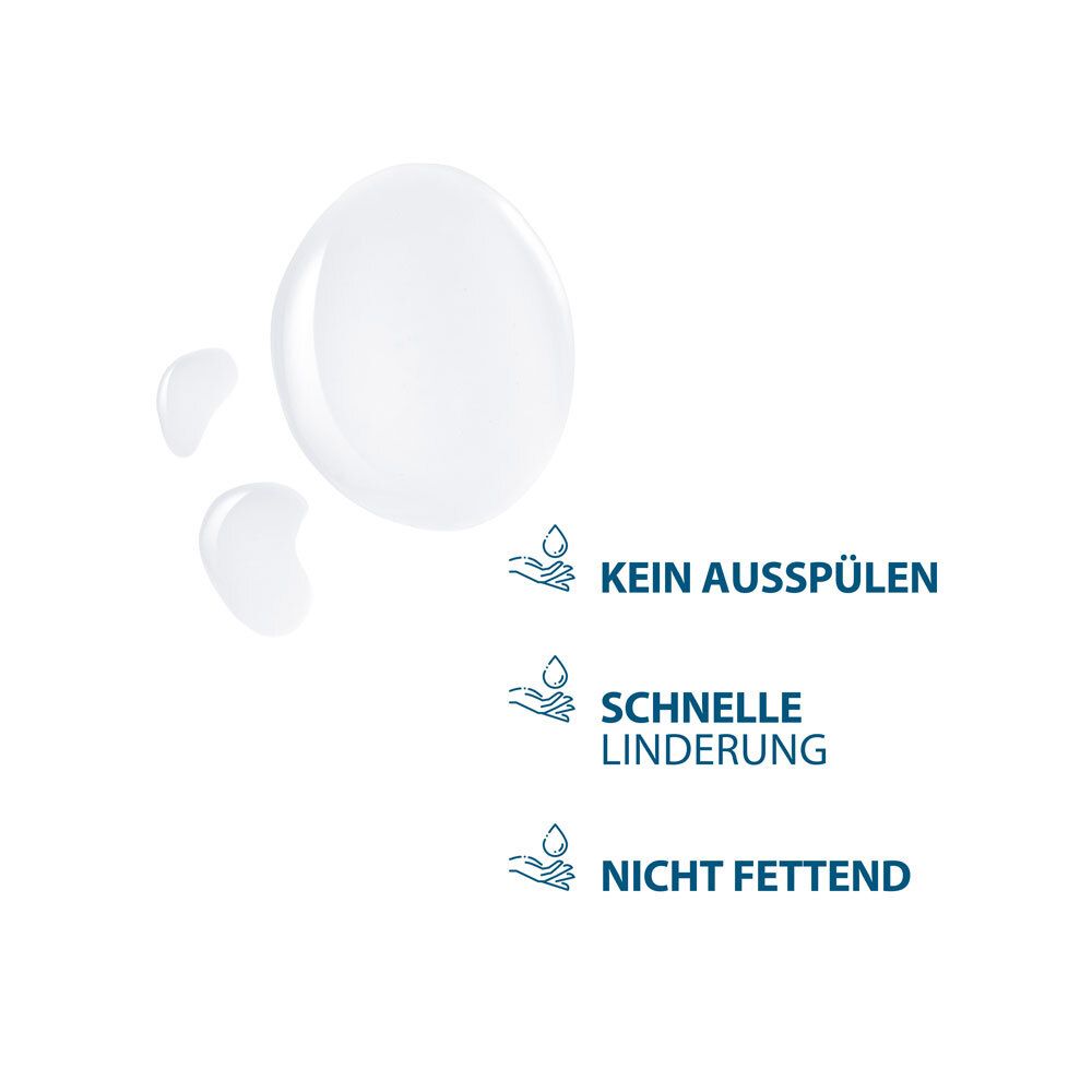 Trois cercles bleus avec gouttes et texte: Pas de rinçage, soulagement rapide, non gras.