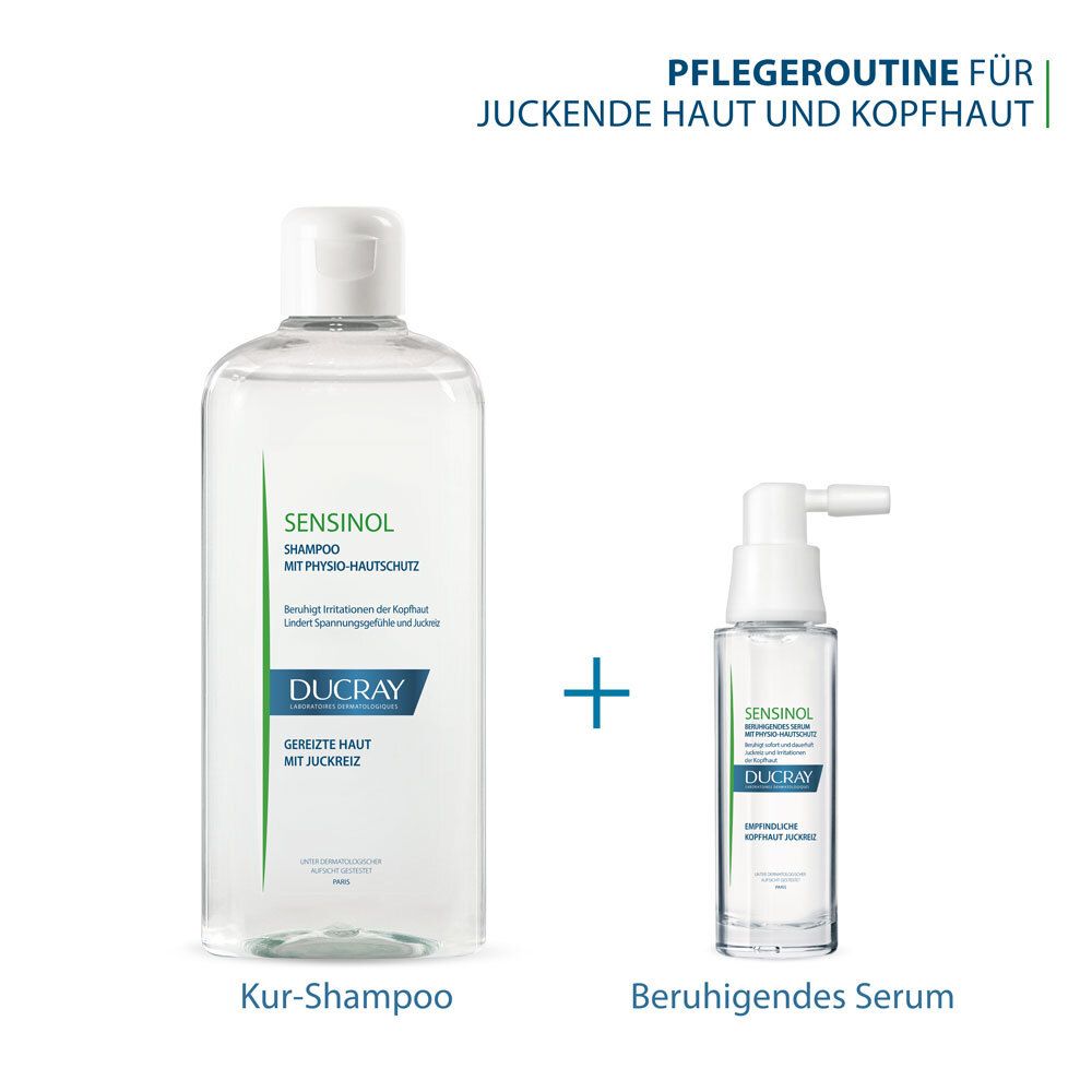 Deux produits: Shampooing et sérum. Inscriptions: SENSINOL, DUCRAY. Shampooing-cure et sérum apaisant.