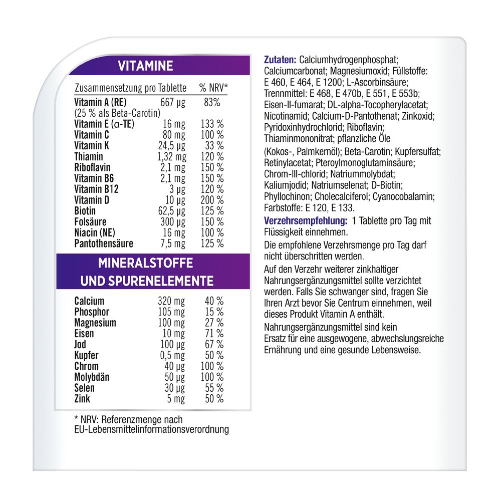 Tableau nutritionnel avec vitamines, minéraux et oligo-éléments.