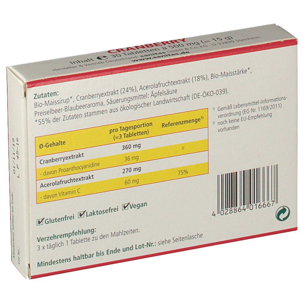Rückseite der Cranberry-Tabletten-Packung. Auflistung der Inhaltsstoffe und Nährwerttabelle. Glutenfrei, Laktosefrei, Vegan.