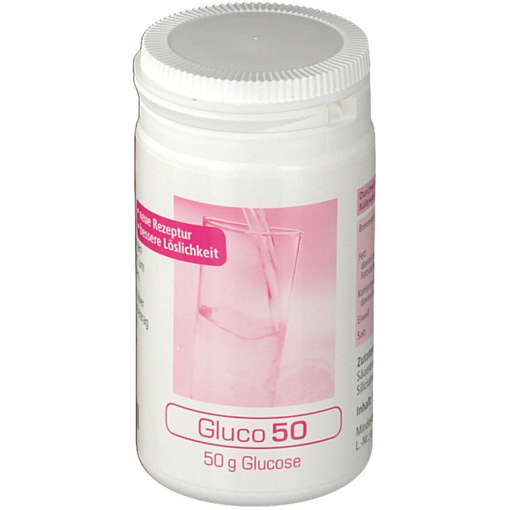 Weiße Dose mit rosa Etikett. Aufschrift: Gluco 50, 50g Glucose. Abbildung: Glas mit Flüssigkeit. Deckel mit Riffelung.