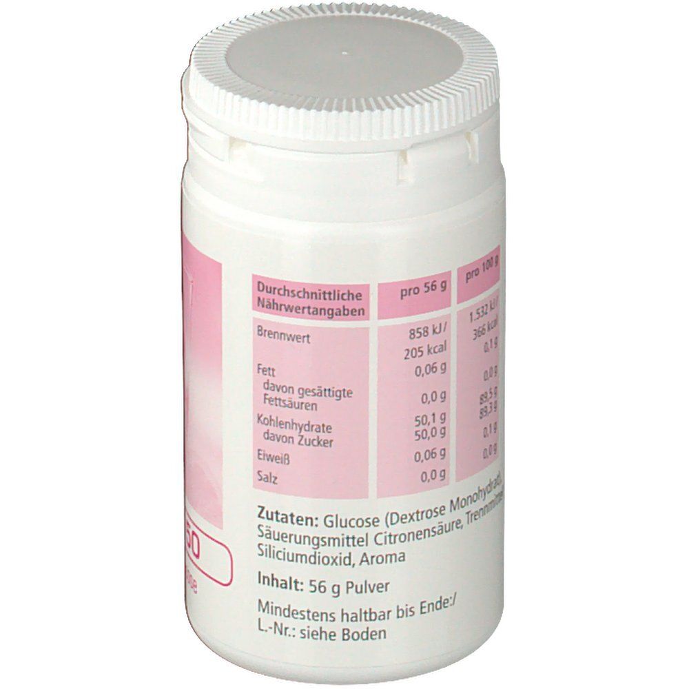 Weiße Dose mit rosa Etikett. Aufschrift: Gluco 50, 50g Glucose. Nährwertangaben. Zutatenliste. Inhalt: 56 g Pulver. Deckel mit Riffelung.