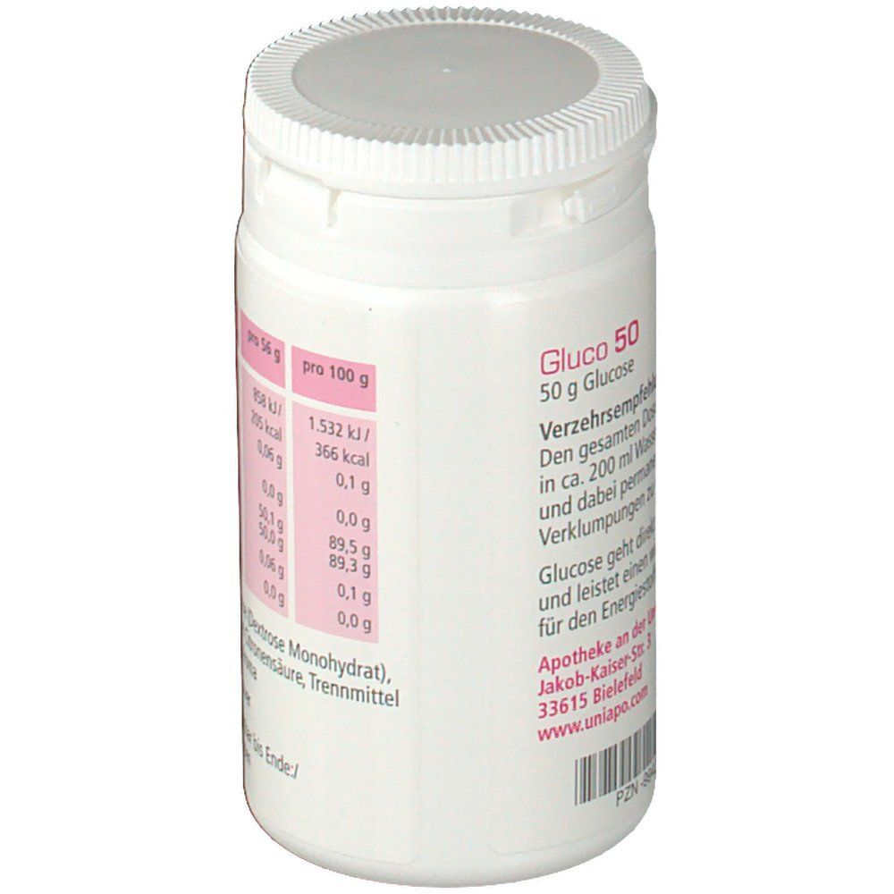 Weiße Dose mit rosa Etikett. Aufschrift: Gluco 50, 50g Glucose. Nährwertangaben. Verzehrempfehlung. Deckel mit Riffelung.