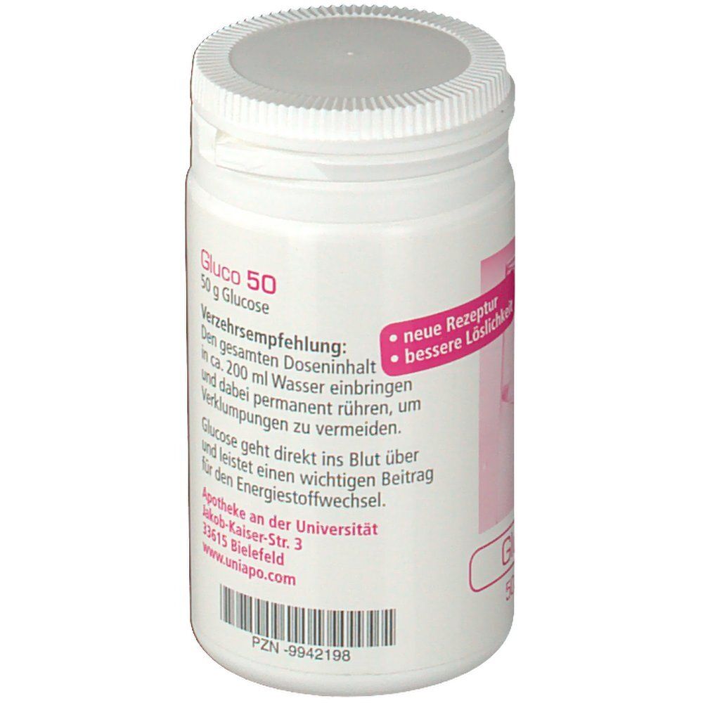 Weiße Dose mit rosa Etikett. Aufschrift: Gluco 50, 50g Glucose. Verzehrempfehlung. Apothekenadresse. Deckel mit Riffelung.