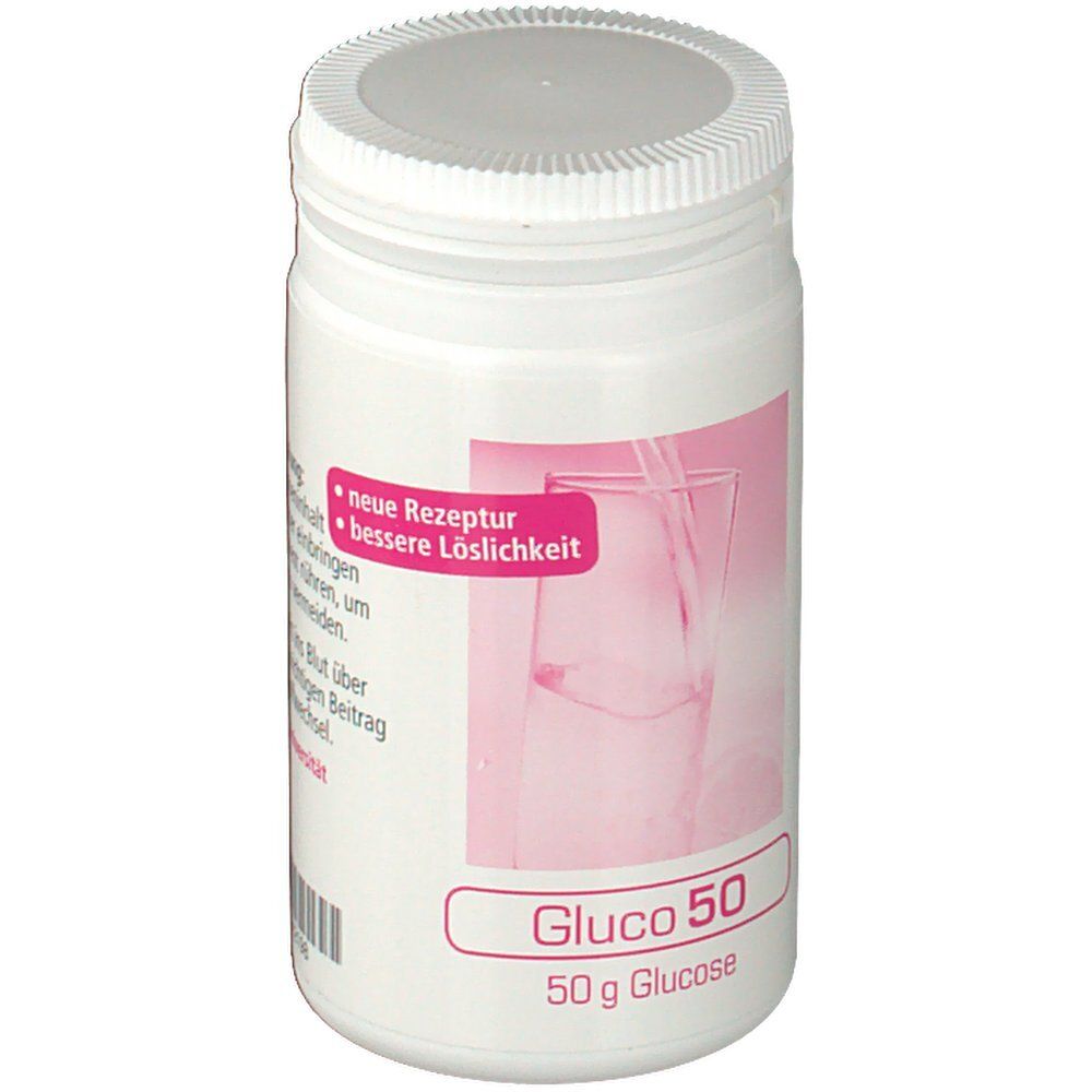 Weiße Dose mit rosa Etikett. Aufschrift: Gluco 50, 50g Glucose. Abbildung: Glas mit Flüssigkeit. Deckel mit Riffelung. Text: neue Rezeptur, bessere Löslichkeit.