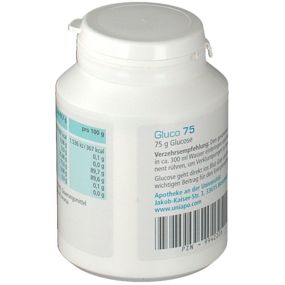 Weiße Dose mit blauem Etikett. Rückseite mit Nährwertangaben. Aufschrift: Gluco 75. Verzehrempfehlung.