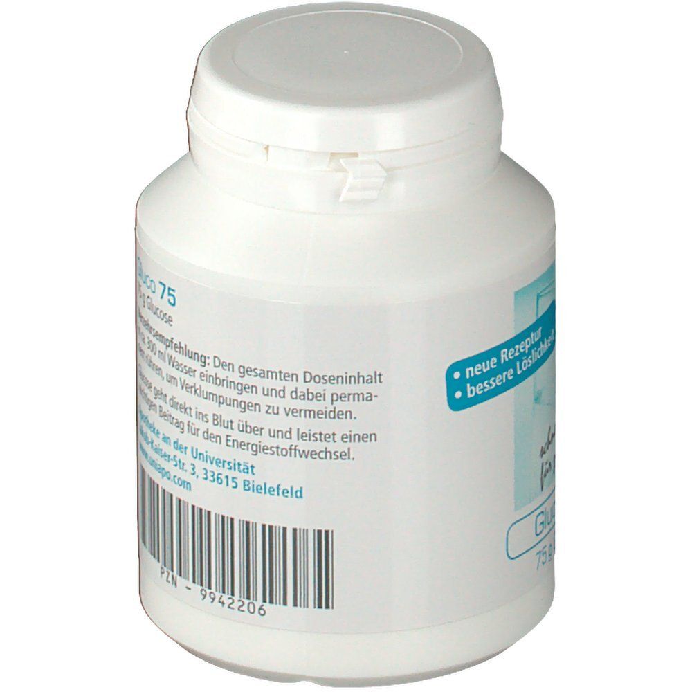 Weiße Dose mit blauem Etikett. Aufschrift: Gluco 75. Barcode und Text. Verzehrempfehlung.