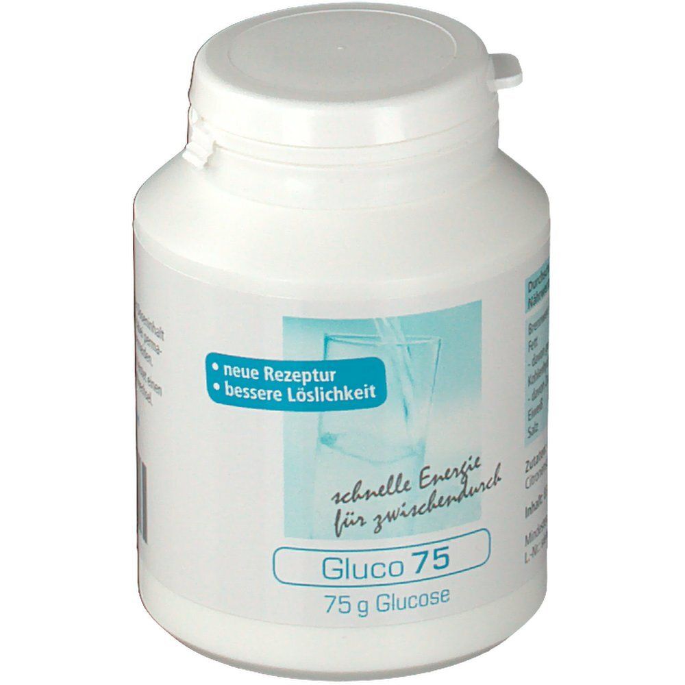 Weiße Dose mit blauem Etikett. Aufschrift: Gluco 75, 75g Glucose. Abbildung eines Glases mit Flüssigkeit. Text.