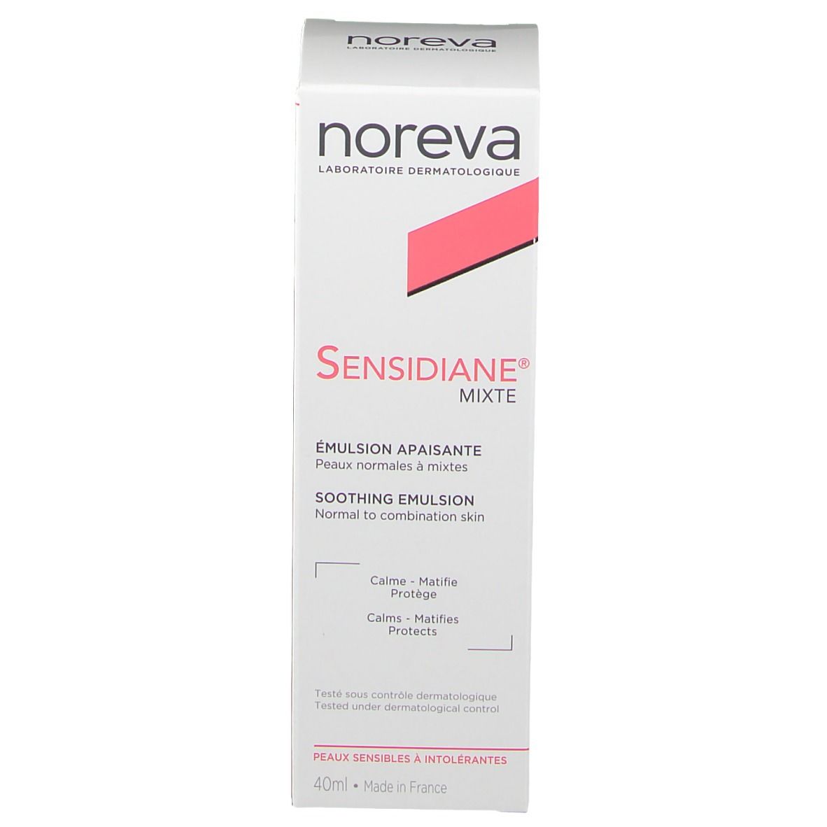 Weiße Schachtel mit Produktnamen und rosa Akzent. Marke: noreva. Text: Sensidiane, Emulsion apaisante, Mischhaut.