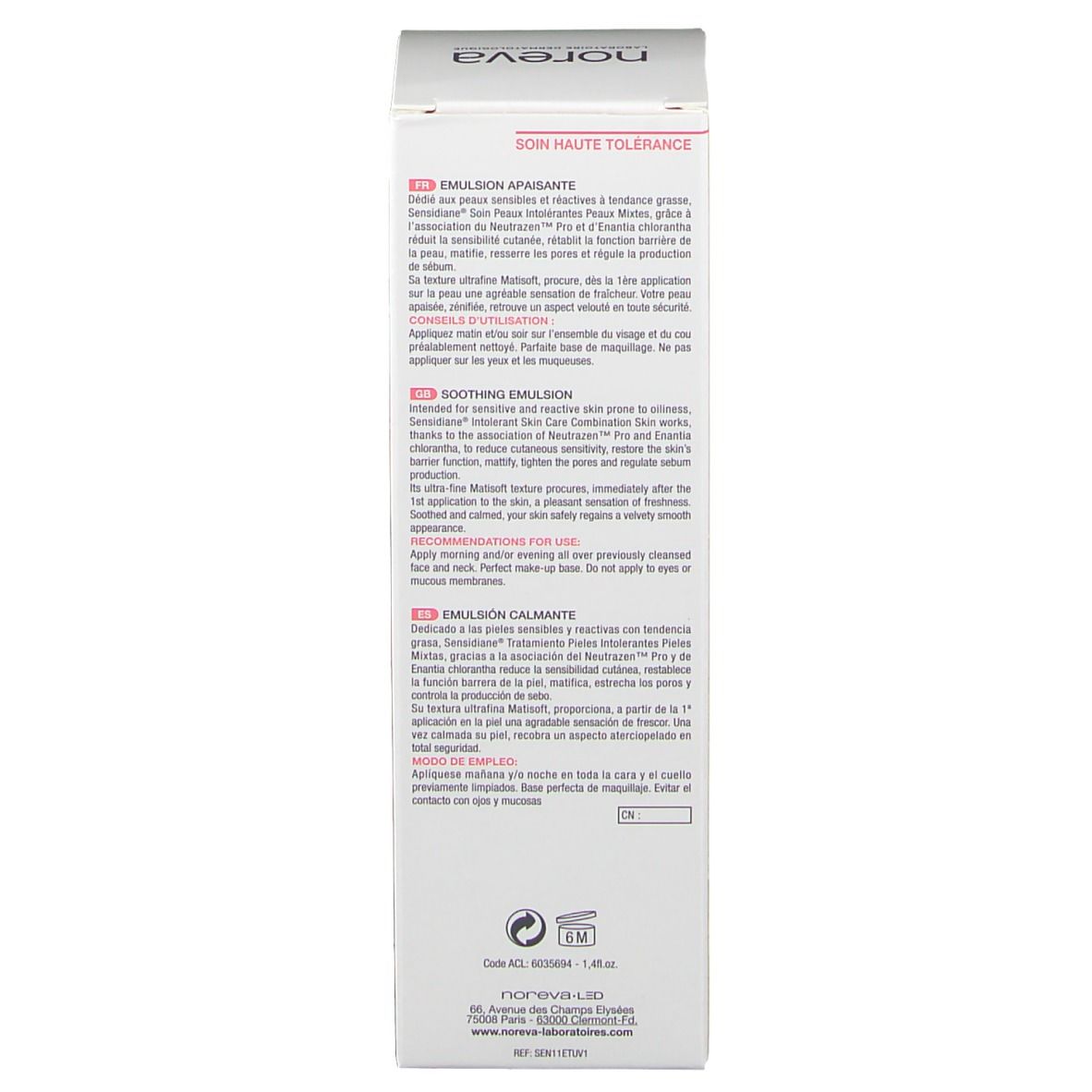 Seite der weißen Schachtel. Text in mehreren Sprachen. Informationen zur Anwendung.