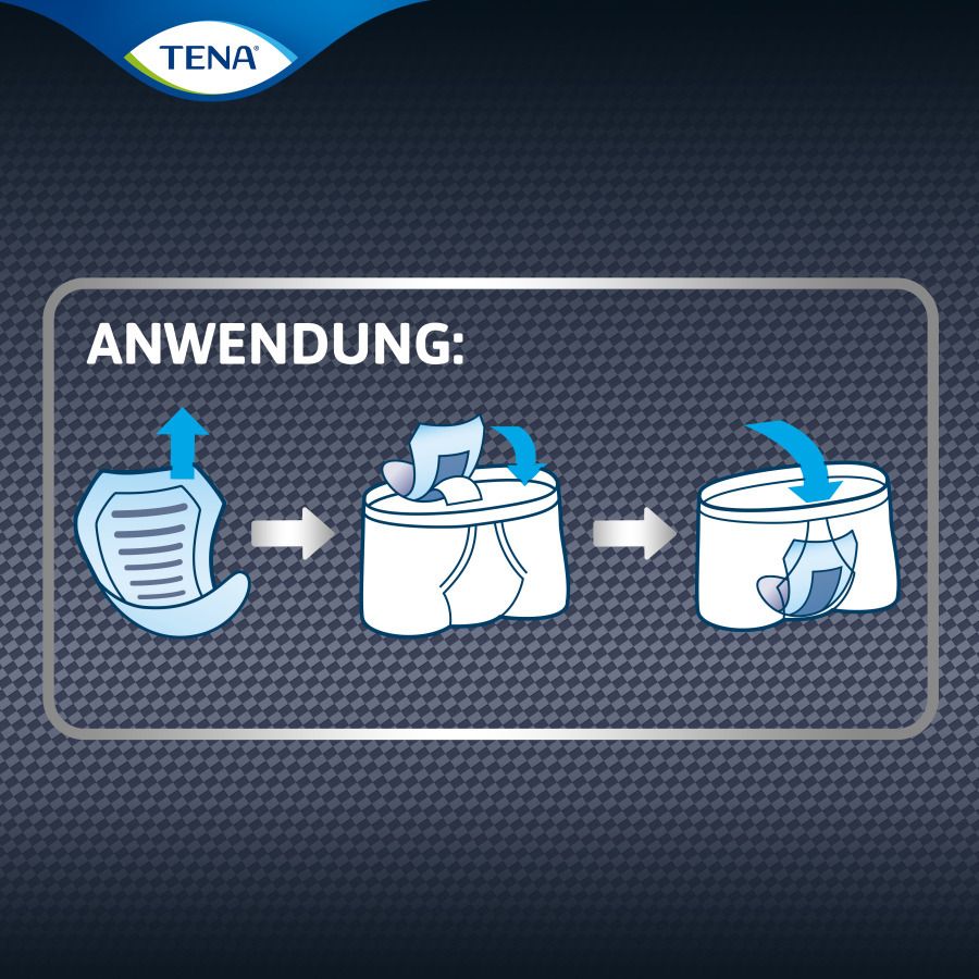 Instructions d'utilisation de TENA Men. Illustrations montrant l'application du produit dans les sous-vêtements.
