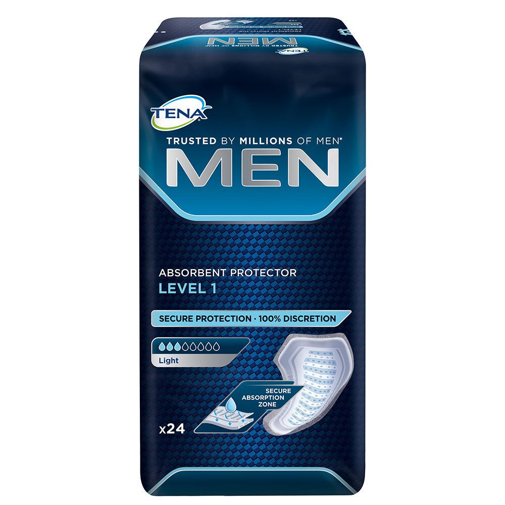 TENA Men Level 1. Emballage bleu. Contient 24 unités. Informations produit et logo visibles.