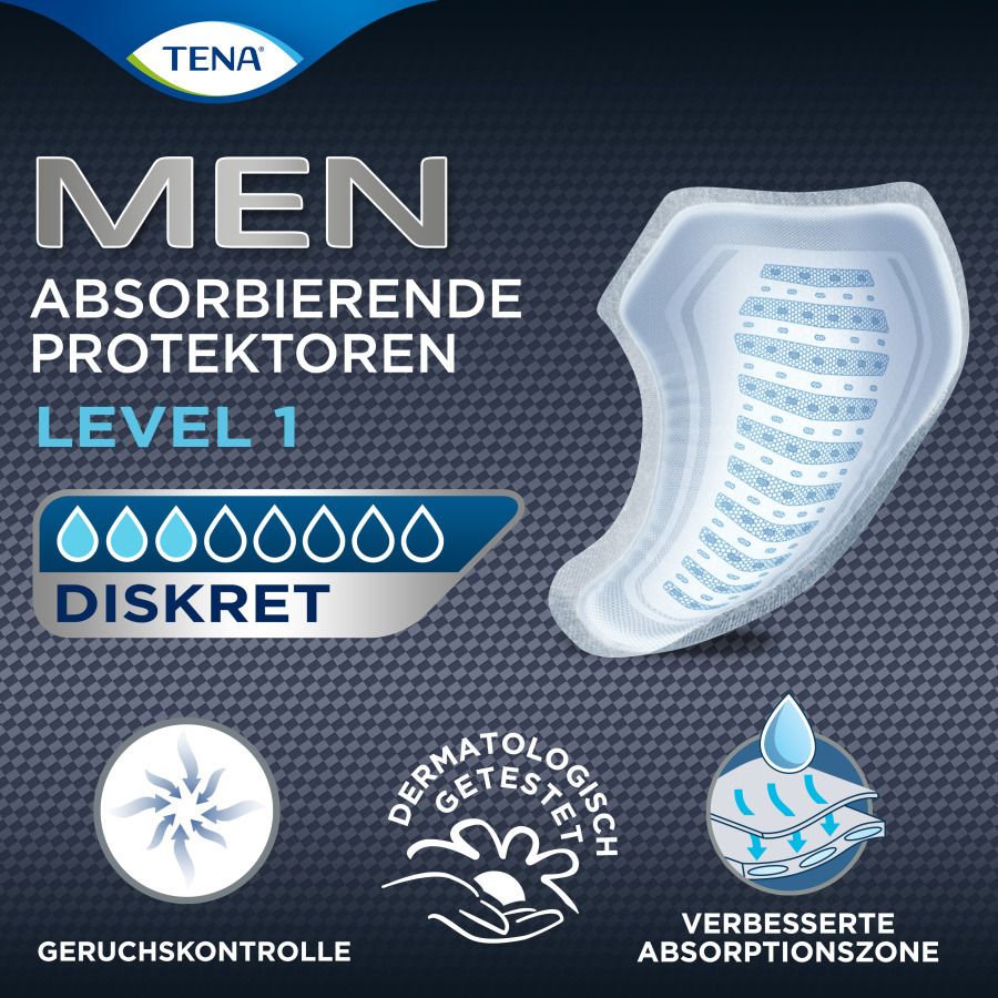 TENA Men Level 1. Protection absorbante. Graphiques : contrôle des odeurs, testé dermatologiquement, zone d'absorption améliorée.