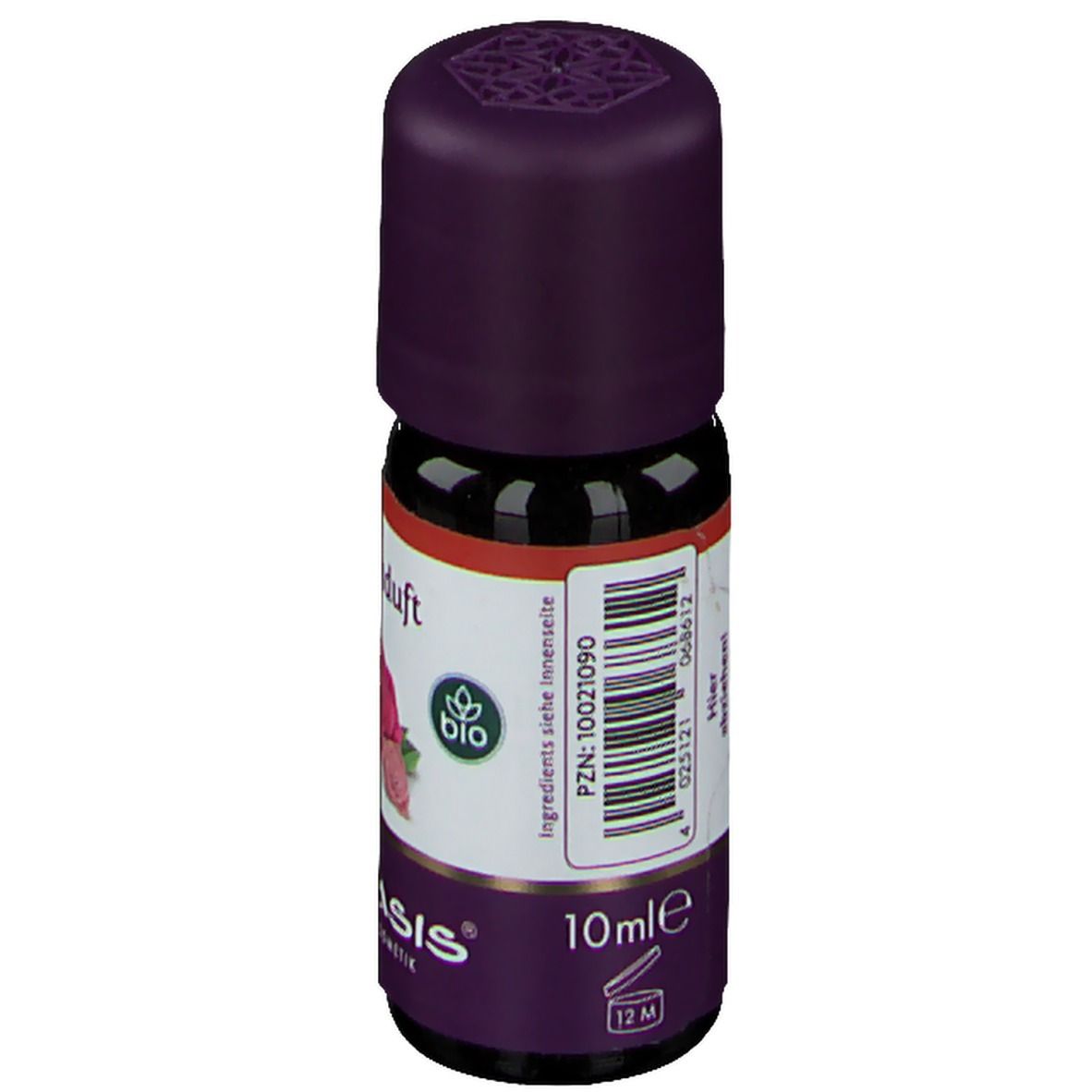 Braune Glasflasche mit lila Verschluss. Etikett mit "10 ml" und Barcode. "TAOASIS" und "Rosenduft" sichtbar.