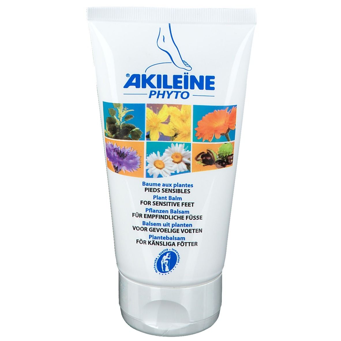 Tube blanc avec nom du produit et illustrations florales. Texte multilingue : "Baume aux pieds sensibles".