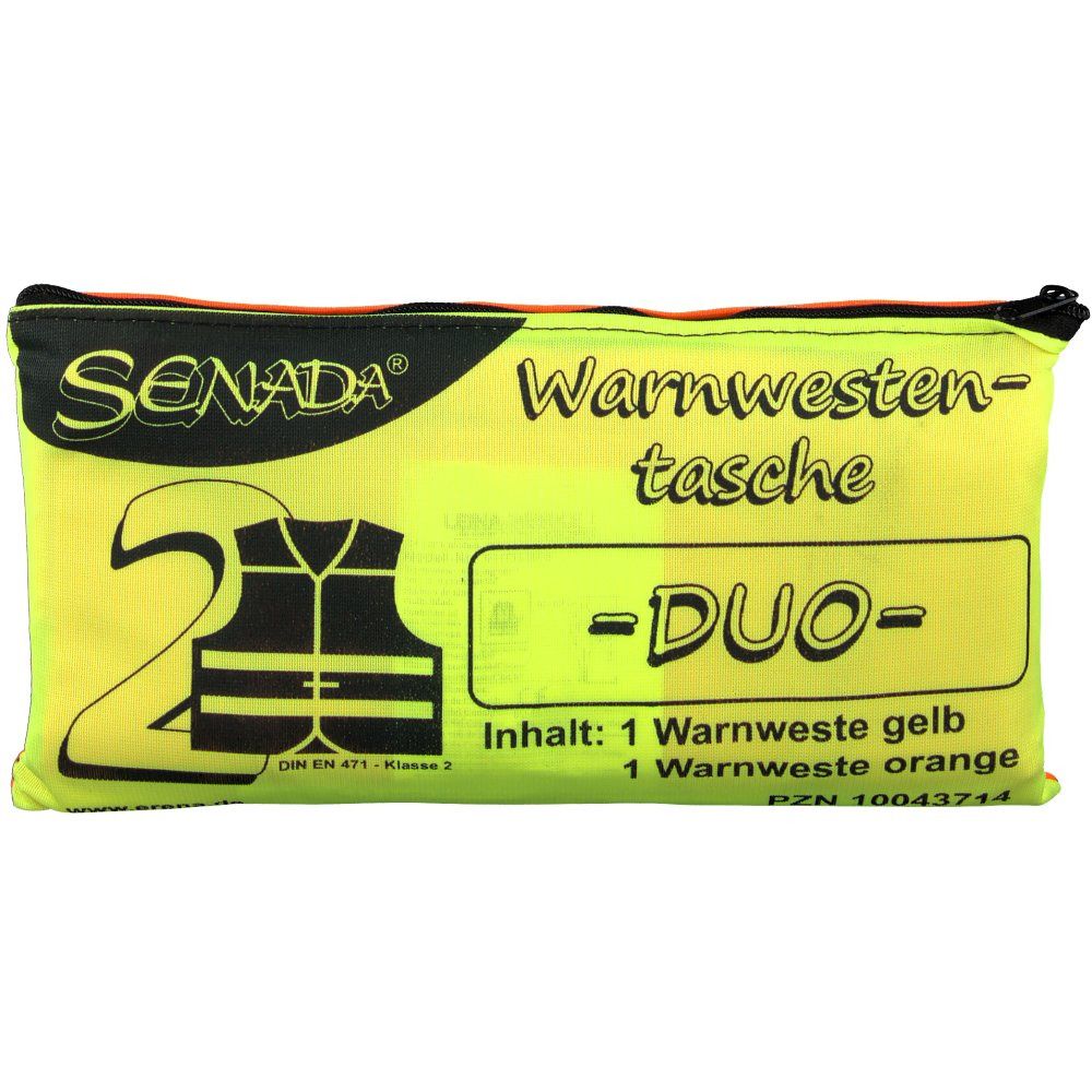 Gelbe Warnwesten-Tasche mit Reißverschluss. Aufschrift SENADA und DUO. Inhalt: 1 gelbe und 1 orange Warnweste.
