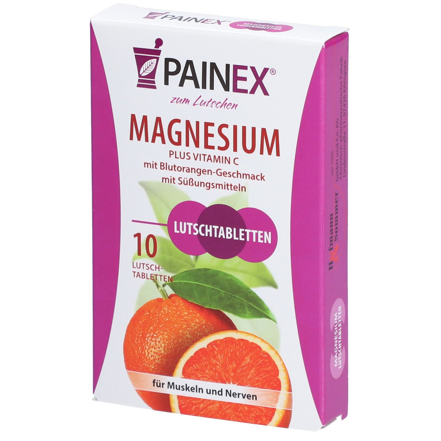 Verpackung von PAINEX® MAGNESIUM + Vitamin C Lutschtabletten. Zeigt eine Orange und Produktinformationen.